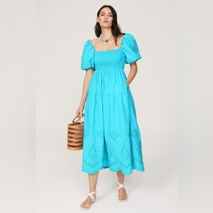 Line & Dot RTR turquoise Blue River midi dress pocket puff sleeves XS embroidery